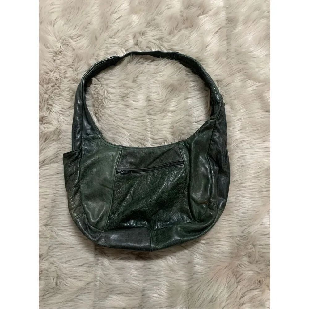 Dark green leather hobo shoulder bag purse